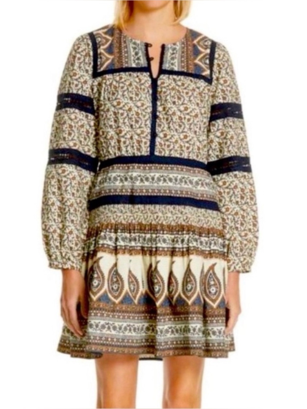 Sea New York Gemma navy, brown and cream long sleeve dress - size 6